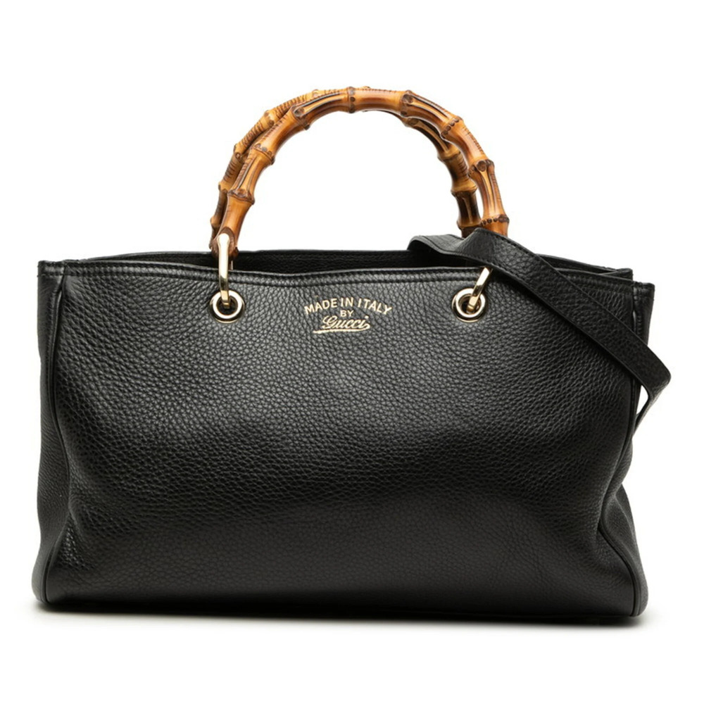 GUCCI Authentic Black Leather Bamboo Shoulder Bag